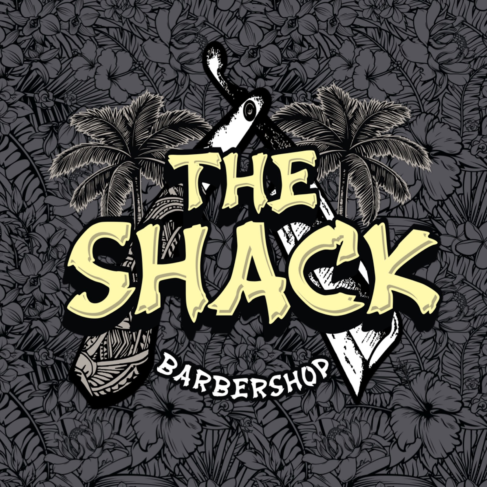 The Shack Barbershop logo with palm trees and a straight razor